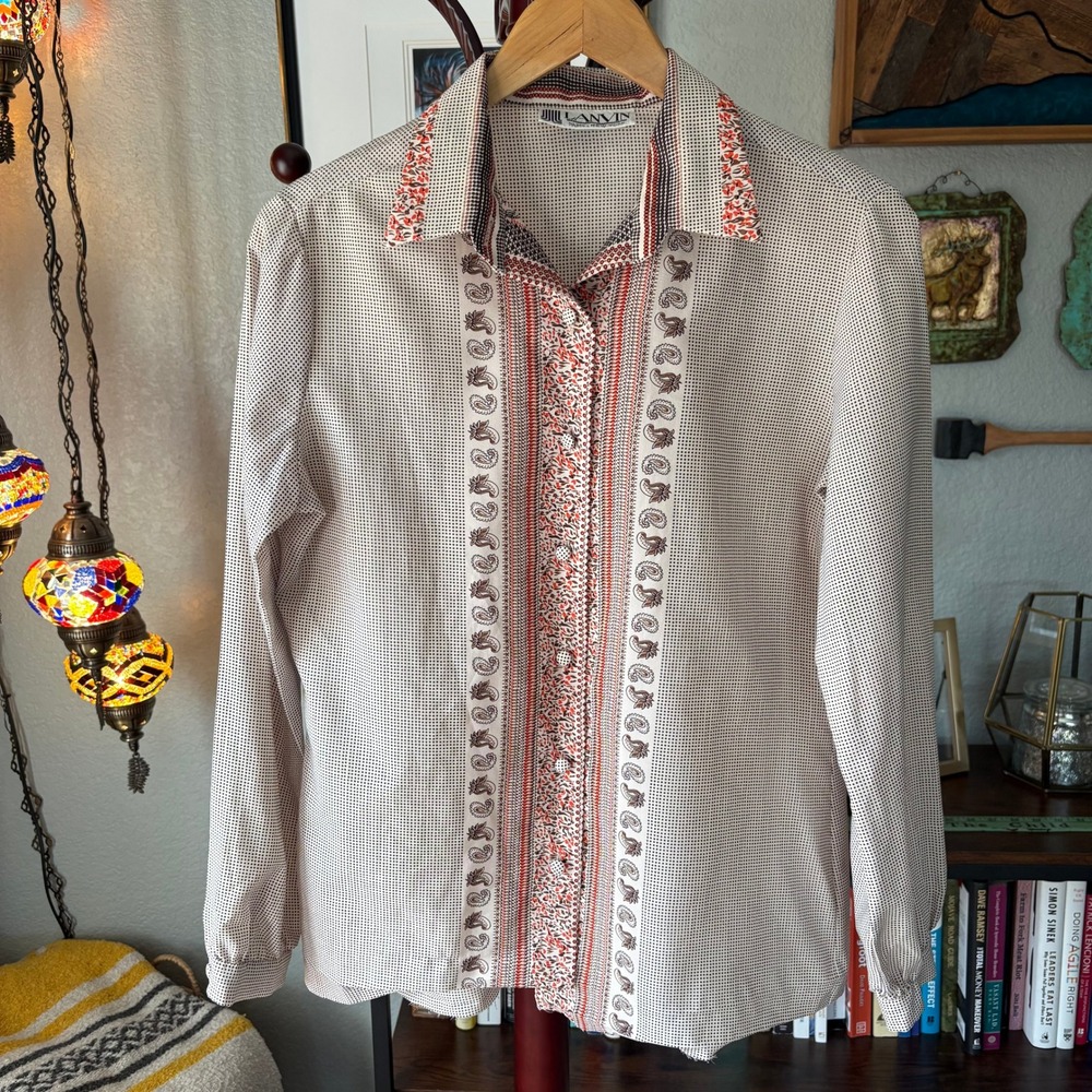 Vintage Lanvin‎ Paris New York Blouse 12 Boho Mod Print Secretary Top